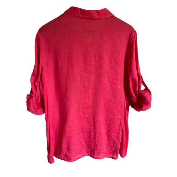 Calvin Klein Pink Linen Button Front Collared Size XL Blouse Top Roll Tab Sleeve - Picture 3 of 7